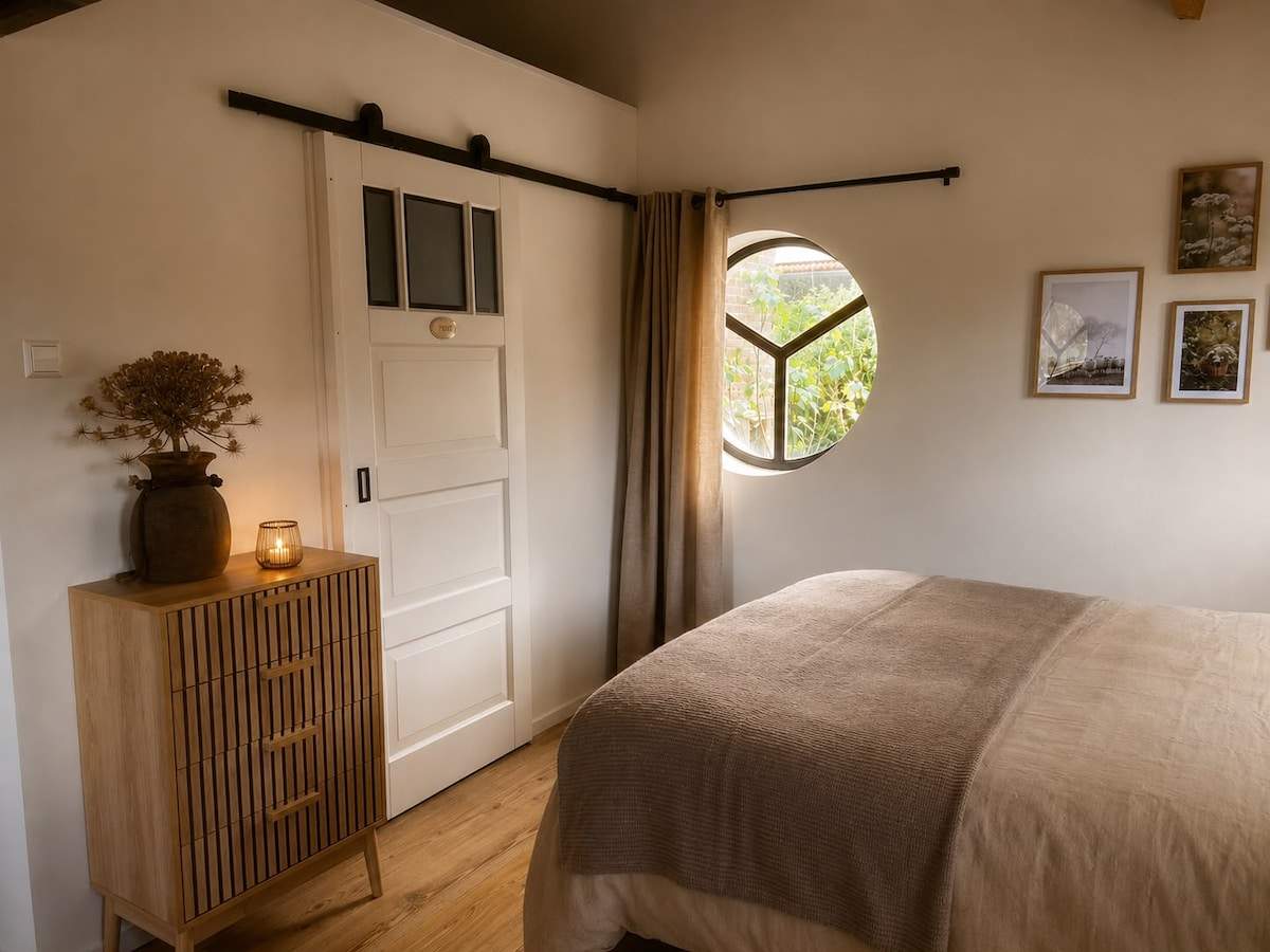Das Schlafzimmer des Studios mit dem charakteristischen runden Fenster